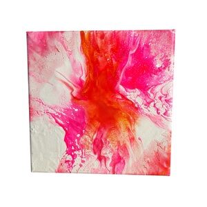 Vibrant Abstract Canvas Art 8”x8” Fluid Painting Pink White & Orange Colorful